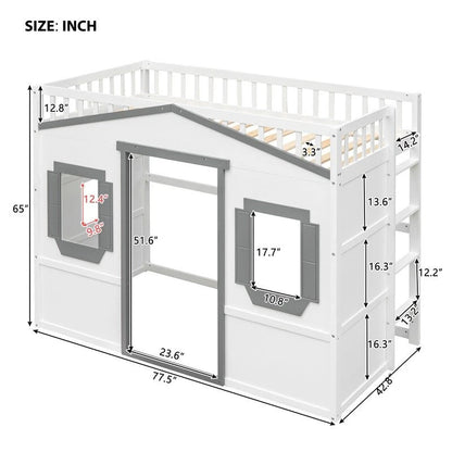 House Loft Bed Twin Kids Playhouse Bed, Solid Wood Loft Bed Frame with Window and Ladder