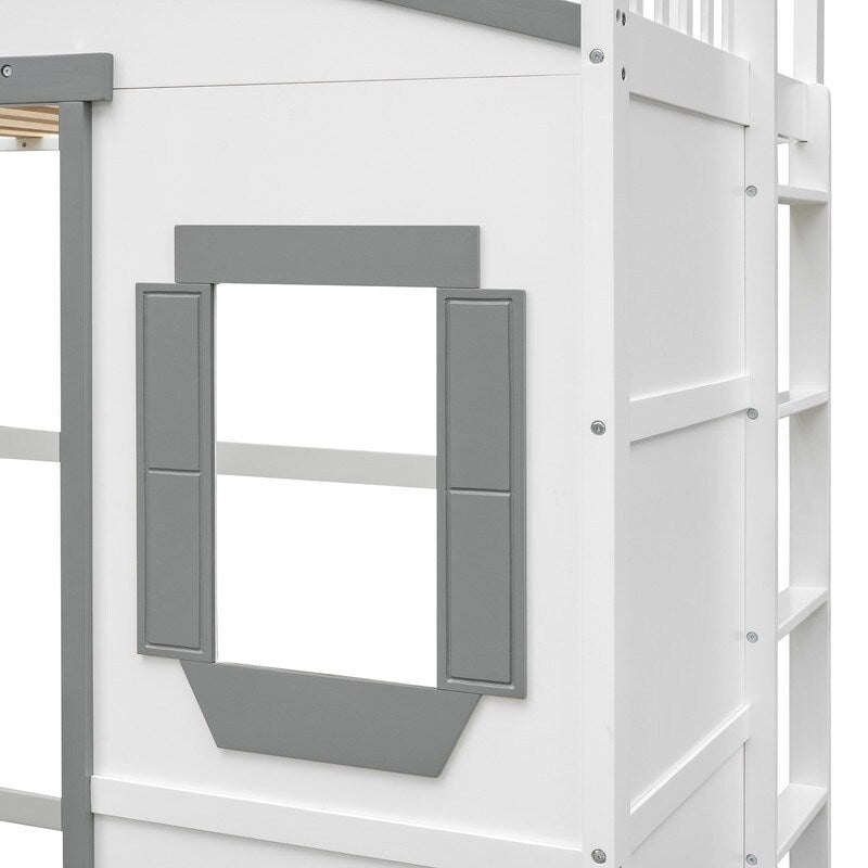 House Loft Bed Twin Kids Playhouse Bed, Solid Wood Loft Bed Frame with Window and Ladder