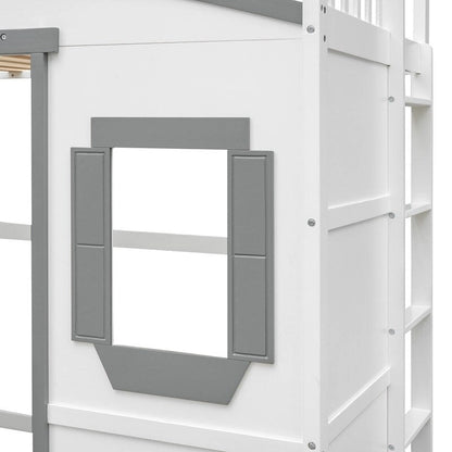 House Loft Bed Twin Kids Playhouse Bed, Solid Wood Loft Bed Frame with Window and Ladder