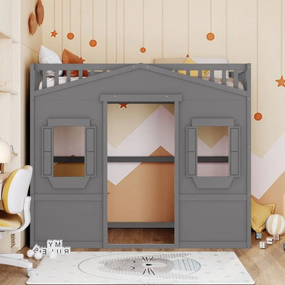 House Loft Bed Twin Kids Playhouse Bed, Solid Wood Loft Bed Frame with Window and Ladder