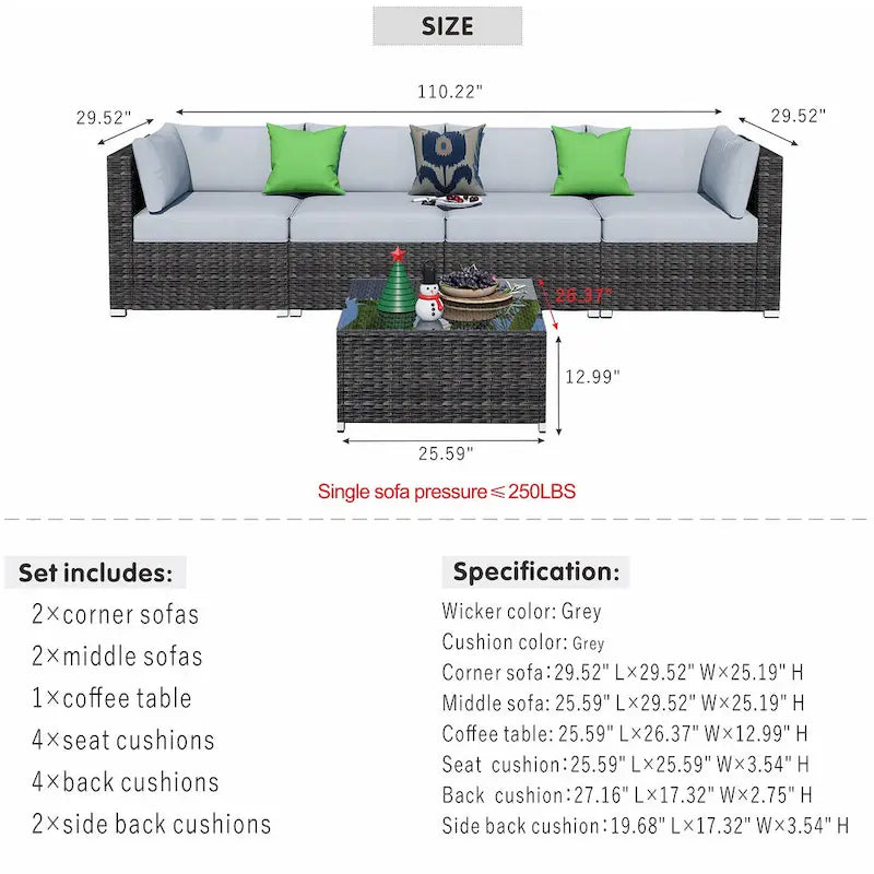 OVIOS Deep Seat Wicker 5-piece Sectional Set