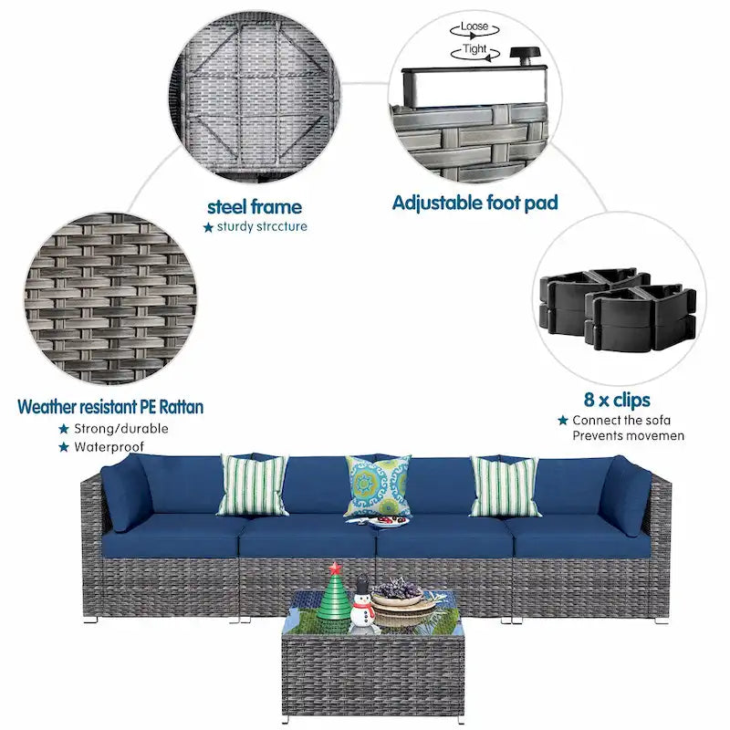 OVIOS Deep Seat Wicker 5-piece Sectional Set