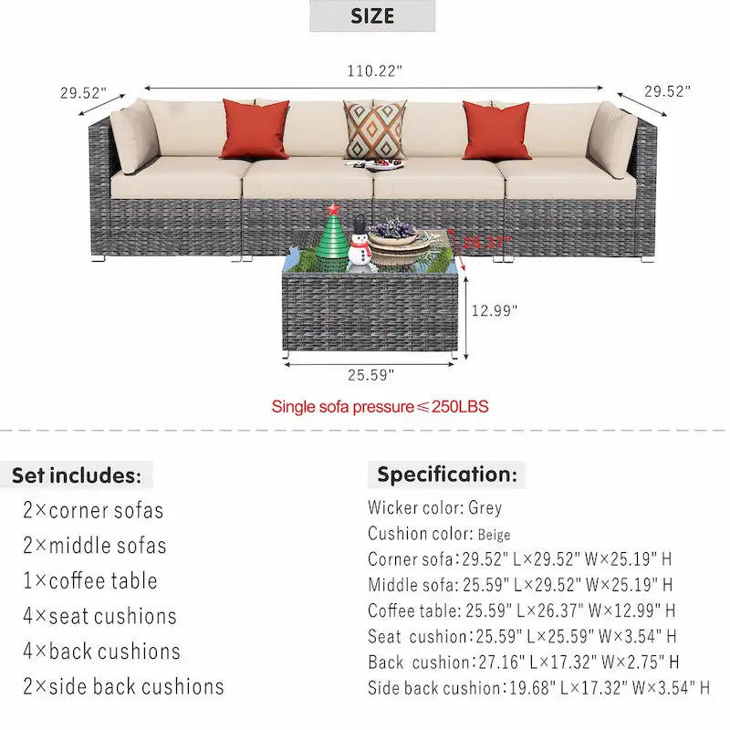 OVIOS Deep Seat Wicker 5-piece Sectional Set