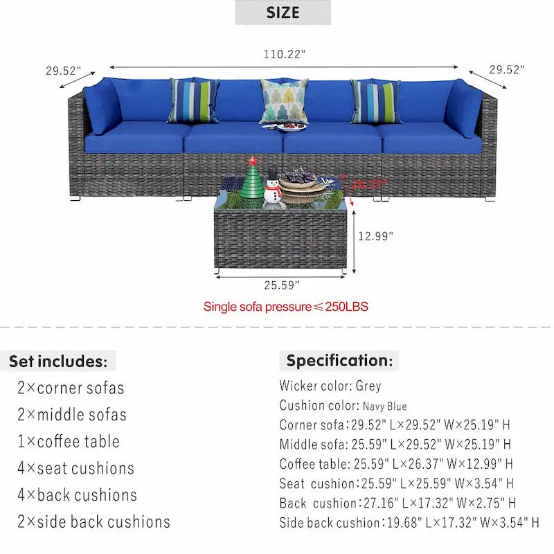 OVIOS Deep Seat Wicker 5-piece Sectional Set