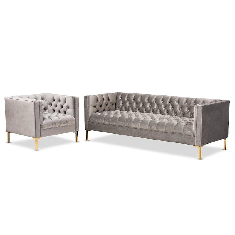 Glam Velvet and Gold Finished 2-Piece Sofa and Lounge Chair Set