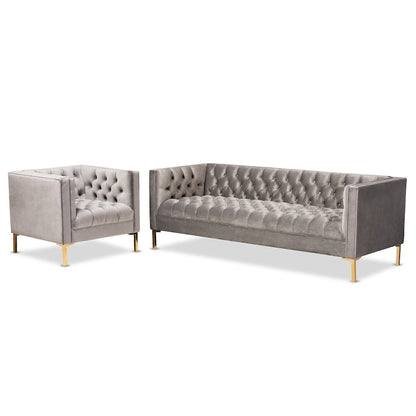 Glam Velvet and Gold Finished 2-Piece Sofa and Lounge Chair Set