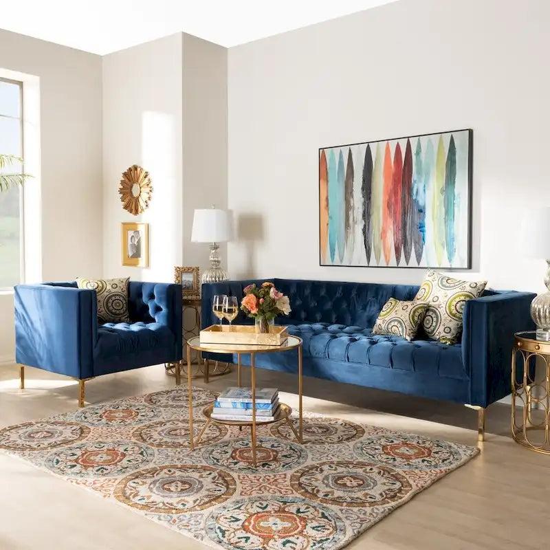 Glam Velvet and Gold Finished 2-Piece Sofa and Lounge Chair Set