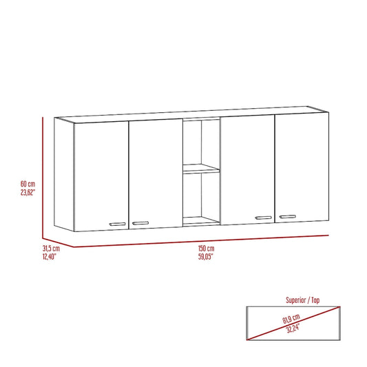 TUHOME Portofino 150 Wall Cabinet with 2 Double Doors, Dish Rack, 2 Open Shelves, and 2 Inner Shelves - N/A