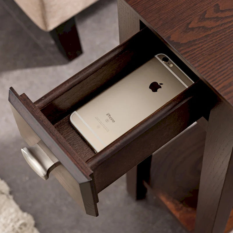 Teegan Solid Wood Narrow Side End Table with Shelf and Drawer