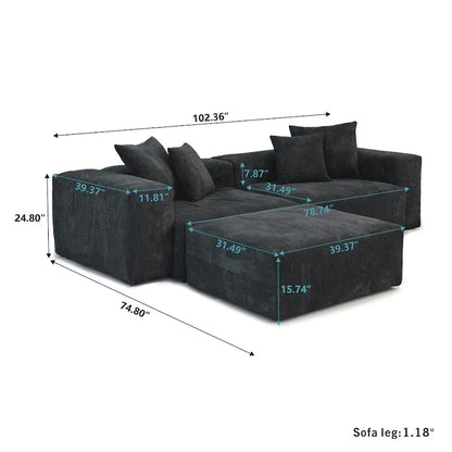102  L-shape Corduroy Upholstered Sectional Couch Oversize Modern Minimalist Sofa