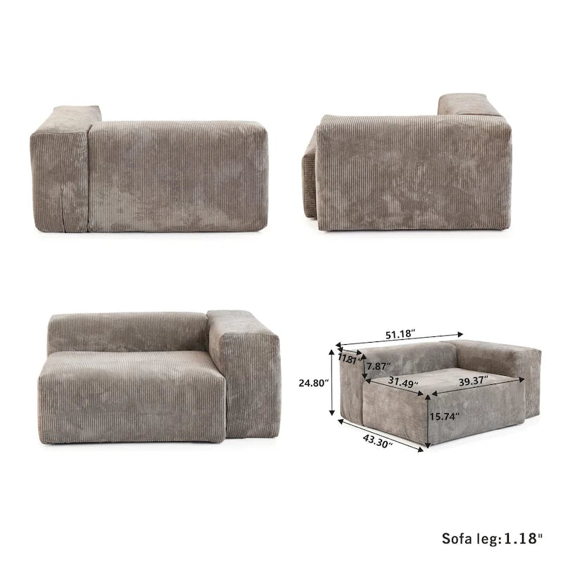 102  L-shape Corduroy Upholstered Sectional Couch Oversize Modern Minimalist Sofa