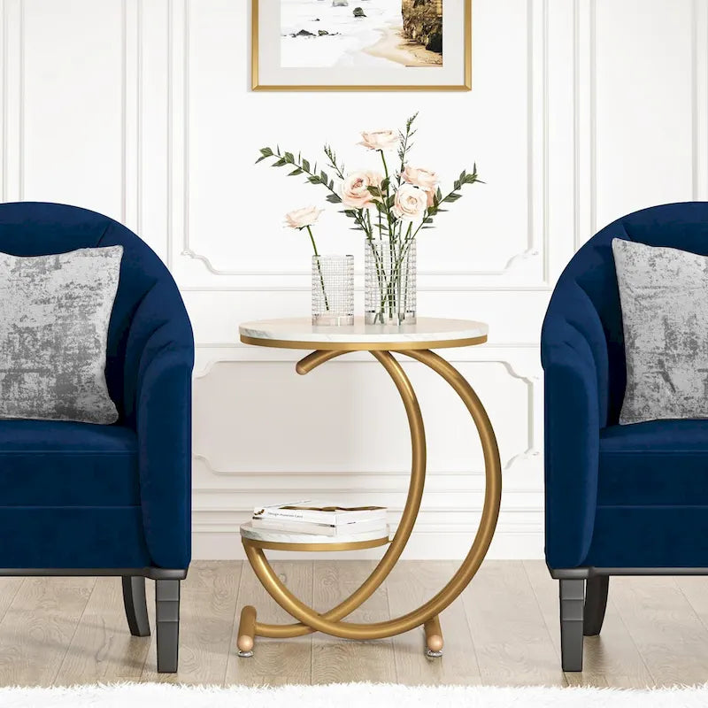 2-Tier Round Marble End Table with Storage Shelf (Modern/Industrial)