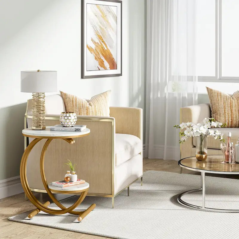 2-Tier Round Marble End Table with Storage Shelf (Modern/Industrial)