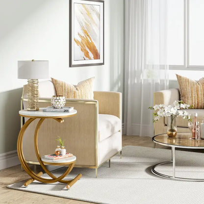 2-Tier Round Marble End Table with Storage Shelf (Modern/Industrial)