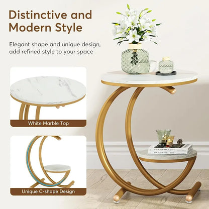 2-Tier Round Marble End Table with Storage Shelf (Modern/Industrial)