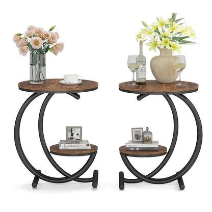 2-Tier Round Marble End Table with Storage Shelf (Modern/Industrial)