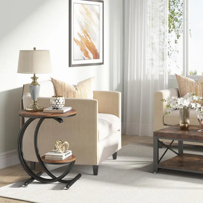 2-Tier Round Marble End Table with Storage Shelf (Modern/Industrial)