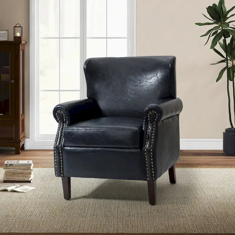Levi Transitional Leather Armchair with Nailhead Trim Rolled Arms by HULALA HOME