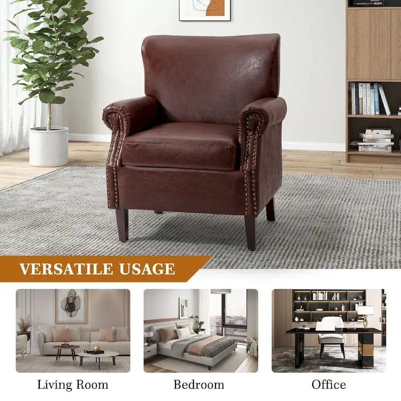 Levi Transitional Leather Armchair with Nailhead Trim Rolled Arms by HULALA HOME