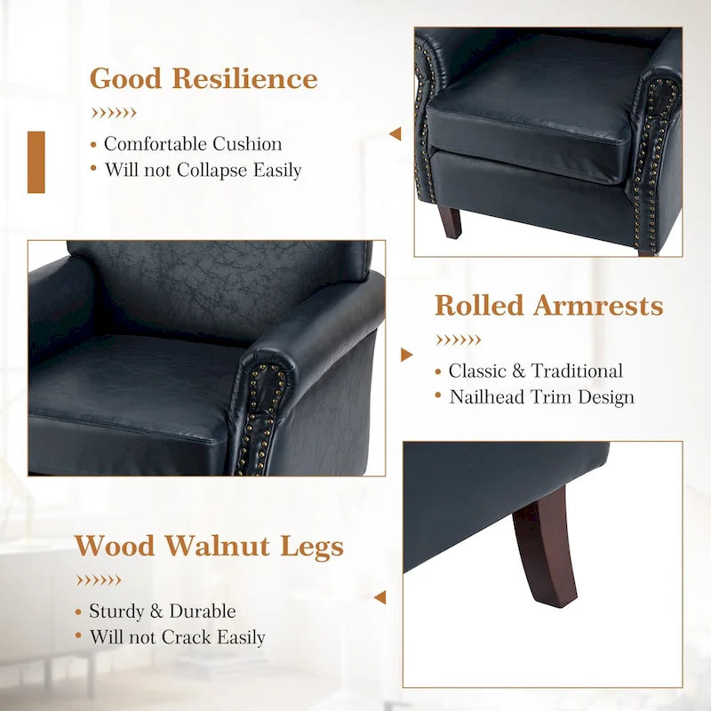 Levi Transitional Leather Armchair with Nailhead Trim Rolled Arms by HULALA HOME