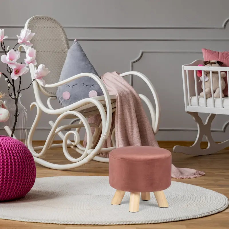 Adeco Round Ottoman Velvet Foot Rest Stool with Non-Skid Legs