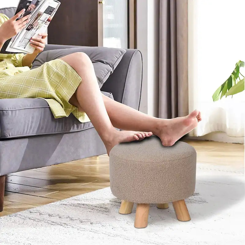 Adeco Round Ottoman Velvet Foot Rest Stool with Non-Skid Legs