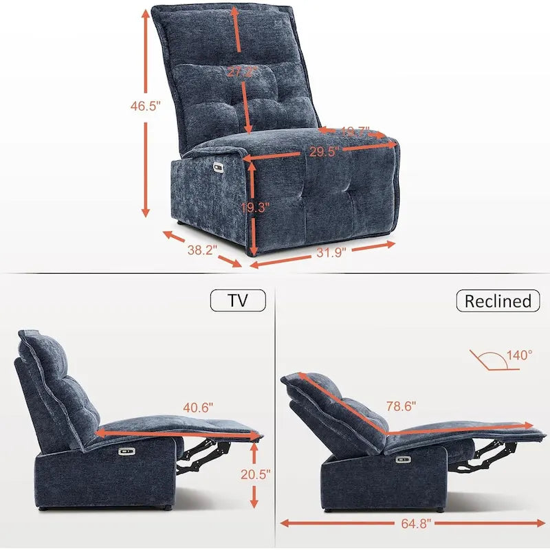 MCombo Armless Power Recliner Chair with USB Ports, 3.5  Wall Clearance Electric Reclining Sofa Chair for Living Room, ALR01