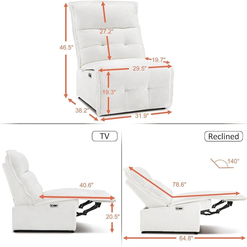 MCombo Armless Power Recliner Chair with USB Ports, 3.5  Wall Clearance Electric Reclining Sofa Chair for Living Room, ALR01