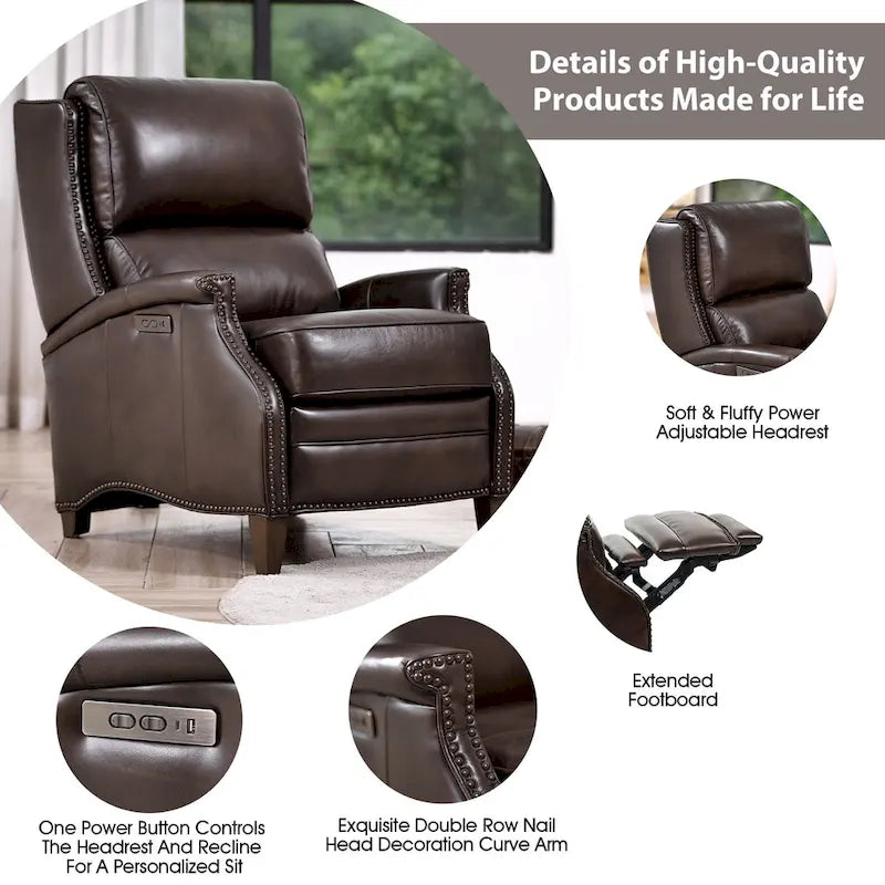 Hekkin Genuine Leather Power Recliner with Adjustable Headrest and USB Port Ultra-Comfy Living Room Seating