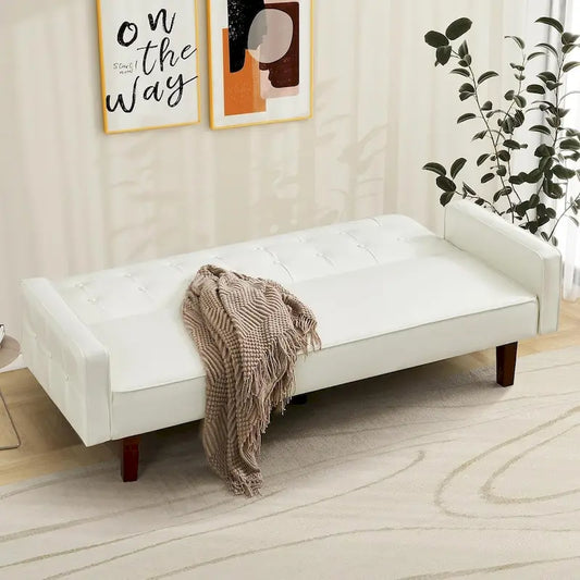 Faux Leather Futon Sofa Bed Sleeper Couch, Mid Century Button Tufted Upholstered Convertible Sofa Bed with Wooden Legs