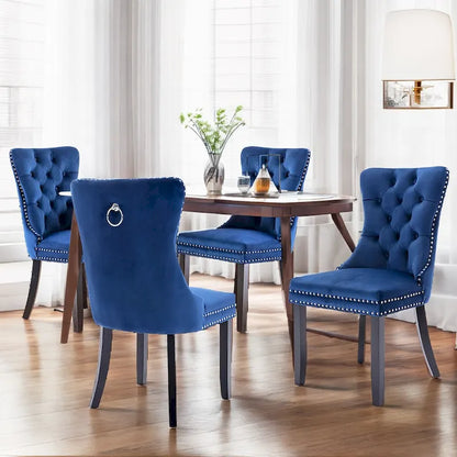 Set of 2 Velvet Dining Chairs,Tufted Solid Wood Armless Chairs Accent Chair with Nailhead Trim and Back Ring Pull