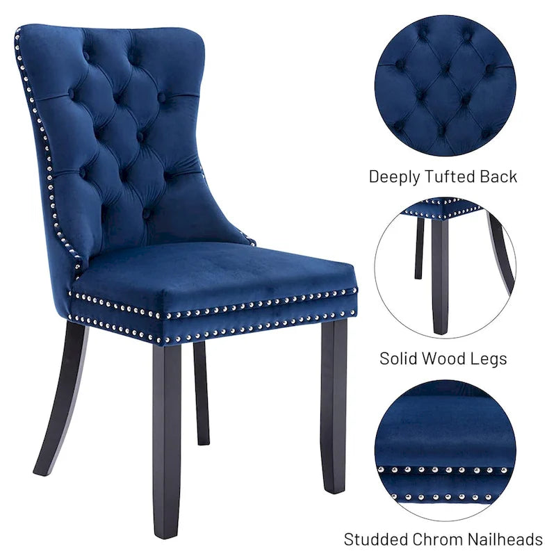 Set of 2 Velvet Dining Chairs,Tufted Solid Wood Armless Chairs Accent Chair with Nailhead Trim and Back Ring Pull