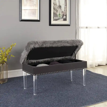 20 Inch Horice Faux Fur Nailhead Storage Bench with Acrylic Leg