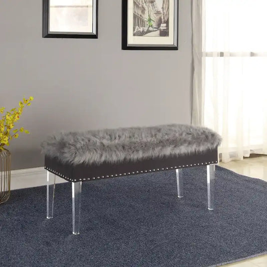 20 Inch Horice Faux Fur Nailhead Storage Bench with Acrylic Leg