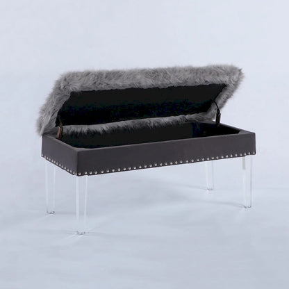 20 Inch Horice Faux Fur Nailhead Storage Bench with Acrylic Leg