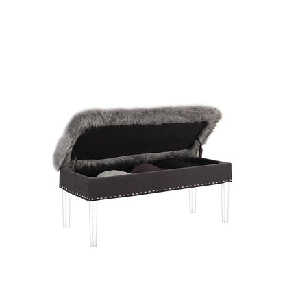 20 Inch Horice Faux Fur Nailhead Storage Bench with Acrylic Leg