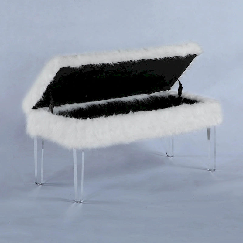 20 Inch Horice Faux Fur Nailhead Storage Bench with Acrylic Leg