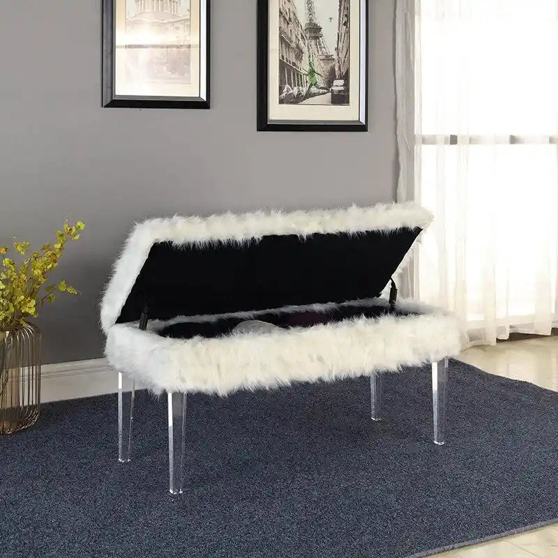 20 Inch Horice Faux Fur Nailhead Storage Bench with Acrylic Leg
