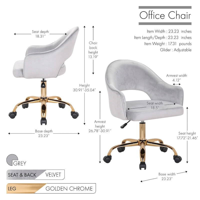 Porthos Home Camron Velvet Swivel Office Chair, Golden Chrome Legs