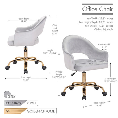 Porthos Home Camron Velvet Swivel Office Chair, Golden Chrome Legs