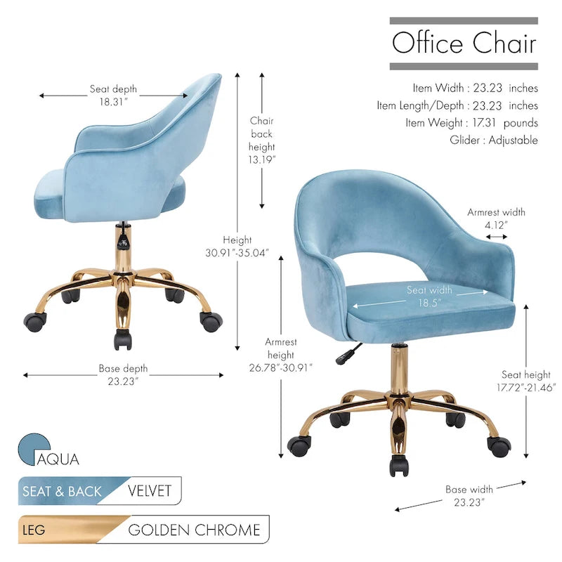 Porthos Home Camron Velvet Swivel Office Chair, Golden Chrome Legs