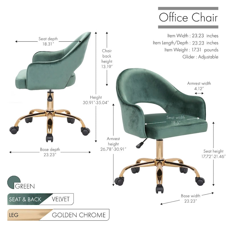 Porthos Home Camron Velvet Swivel Office Chair, Golden Chrome Legs