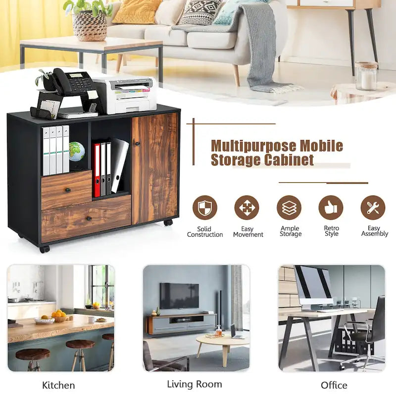 Schedario mobile in legno, armadietto grande, supporto per stampante