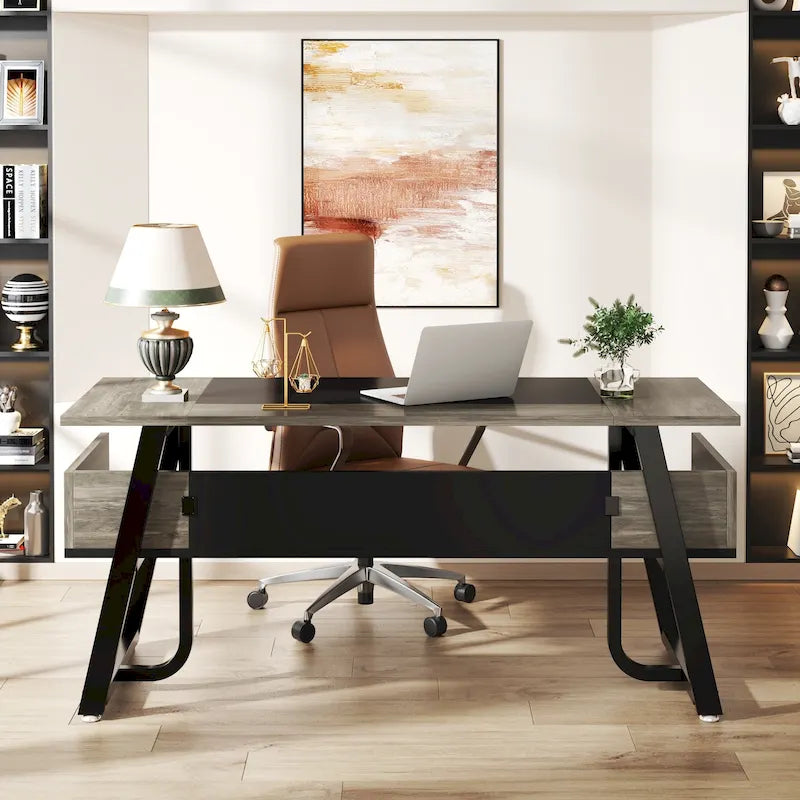 63 inch Large Executive Desk Office Desk with Storage Shelf for Home Office, Rustic Brown Black