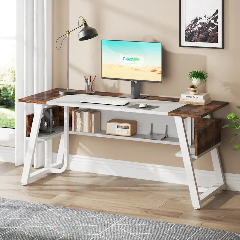 63 inch Large Executive Desk Office Desk with Storage Shelf for Home Office, Rustic Brown Black