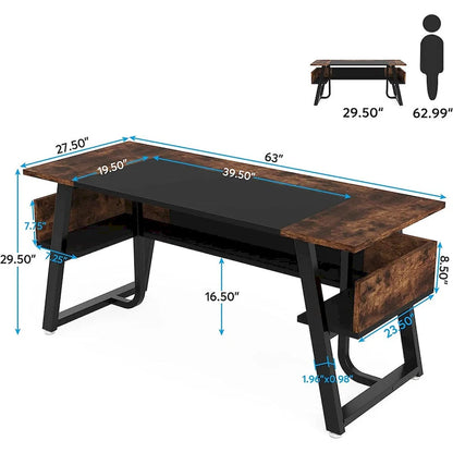 63 inch Large Executive Desk Office Desk with Storage Shelf for Home Office, Rustic Brown Black