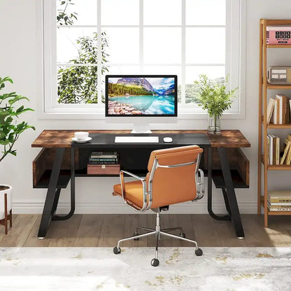 63 inch Large Executive Desk Office Desk with Storage Shelf for Home Office, Rustic Brown Black