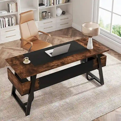 63 inch Large Executive Desk Office Desk with Storage Shelf for Home Office, Rustic Brown Black