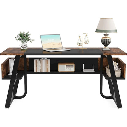 63 inch Large Executive Desk Office Desk with Storage Shelf for Home Office, Rustic Brown Black