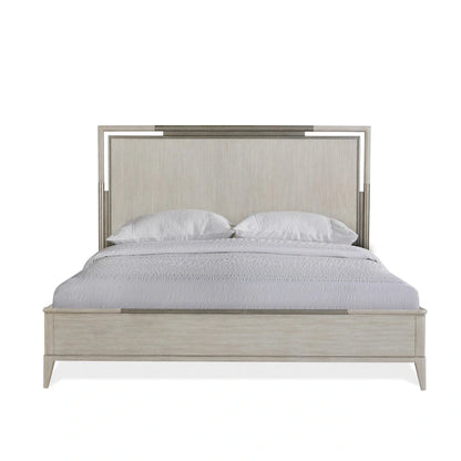 Roundhill Furniture Mantalia - Set camera da letto in legno massello, letto a pannelli, cassettiera, specchio, 2 comodini, comò e panca, Champagne